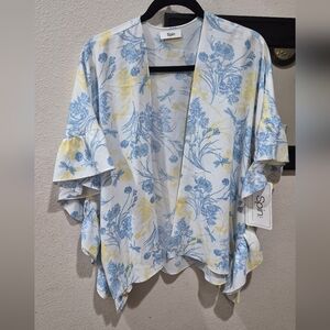 Spin Floral Kimono Style Blouse XL Blue Yellow Ruffle Sleeve NWT